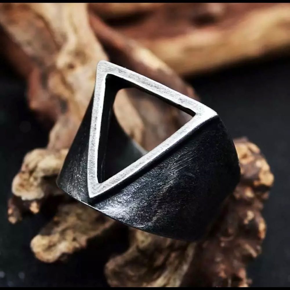 Stainless Steel, Cut Out Triangle Moto Design Silver Black Matte Statement Ring